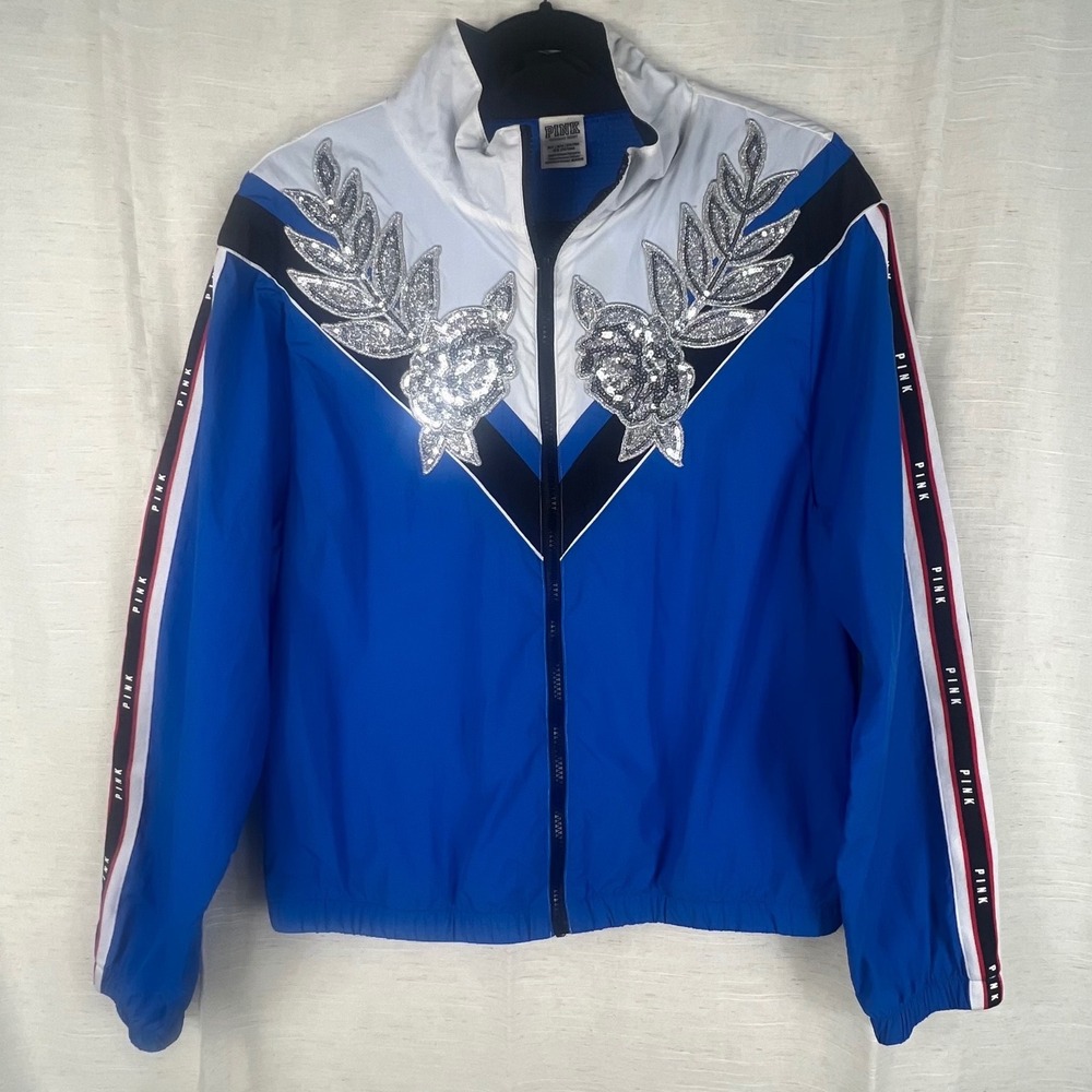 Victoria's Secret PINK Blue Sequin Floral Windbreaker Jacket 
Womens  M/L